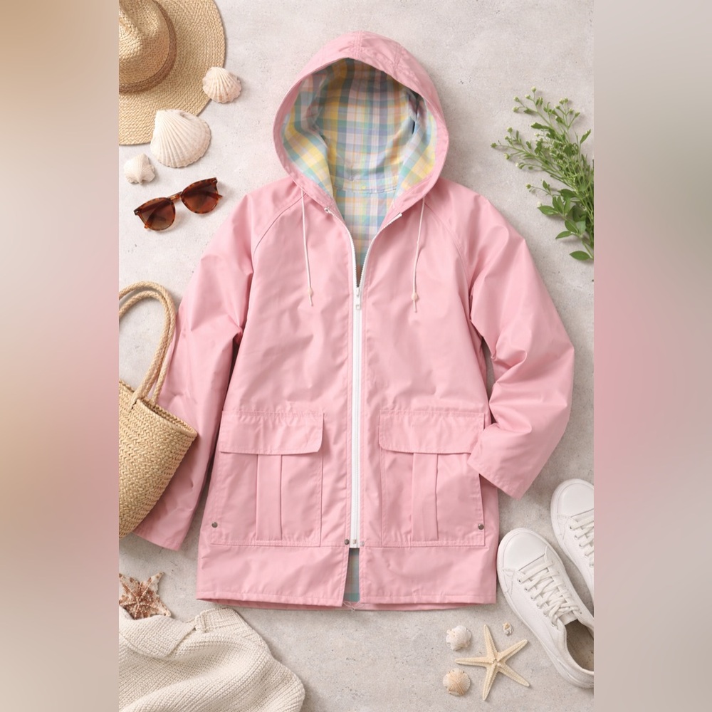 Vtg 90s Misty Harbor Pink PVC Rain Slicker Plaid Lined Hooded M Coastal Preppy - Picture 10 of 14